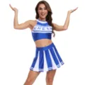 Ensemble crop top et jupe plissée de pom-pom girl sexy bleu et blanc pour la scène. - S / Haut et Bas / Bleu