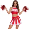 Red and white cheerleader costume crop top and pleated skirt set for women performance - S / Set / Includes Pom Poms / Red