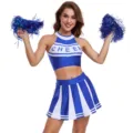 Blue and white cheerleader costume set crop top and pleated skirt performance outfit. - S / Set / Includes Pom Poms / Blue