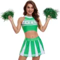 Sexy green white cheerleading costume crop top pleated skirt with pom poms for women - S / Set / Includes Pom Poms / Green