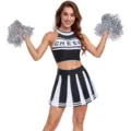 Sexy black and white cheerleader costume crop top skirt with pom poms for women stage party performance - S / Set / Includes Pom Poms / Black