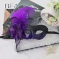 Venetian feather masquerade mask with purple flower for party ball carnival dress up costume. - Purple