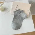 Cute grey cotton ankle socks for women featuring blue dots and lovely puppy embroidery design. - One Size / Polka Dot Dachshund Light Gray