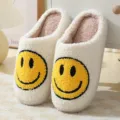 Cute plush smiley face cotton slippers for couples, thick-soled warm indoor anti-slip shoes. - Size 36/37 Fits 35-36 Feet / White