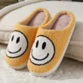 Cute yellow smiley face plush cotton slippers for women and men, warm indoor thick sole shoes. - Size 36/37 Fits 35-36 Feet / Yellow