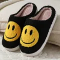 Black plush smiley face slippers for winter, warm indoor soft thick bottom couple shoes. - Size 36/37 Fits 35-36 Feet / Black
