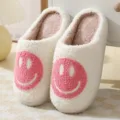Cute plush house slippers with pink smiley face, warm indoor winter shoes for women. - Size 36/37 Fits 35-36 Feet / Pink