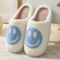 Fluffy winter house slippers for women and men, cute plush warm smiley face slip-on shoes. - Light Blue