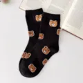 Black cute flocked bear print cotton crew socks for women winter college style hosiery - One Size / Black