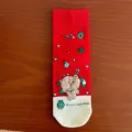 Christmas red mid-calf socks for women with cute plush bear and festive holiday patterns. - Red Bear