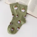 Cute cat embroidered crew socks for women, olive green soft cotton vintage style casual socks. - One Size / Green