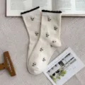 Women's Cute Tulip Embroidered Mid-Tube Socks Sweet Frilly Cuff Combed Cotton Casual Hosiery - One Size / White