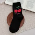 Black cute cherry knit mid-tube socks for women, soft combed cotton casual wear cozy socks. - One Size / Black