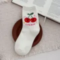 Cute cartoon cherry white mid-tube socks, soft combed cotton casual hosiery for women. - One Size / Cream