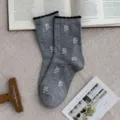 Grey floral cotton mid-calf socks for women featuring cute bubble cuffs and soft texture. - One Size / Medium Grey