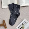 Dark grey combed cotton mid-calf socks featuring bubble cuff and cute tulip floral pattern. - One Size / Dark Gray