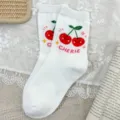 White cute cherry combed cotton crew socks for women, stylish casual hosiery everyday wear - One Size / Bleached White