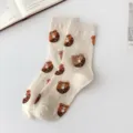 Cute cartoon bear donut patterned cotton mid-calf socks for women, cozy and stylish casual wear. - One Size / Oatmeal - Donut