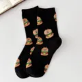 Cute bear burger pattern black mid-tube socks for women, soft cotton warm winter casual daily wear. - One Size / Black - Hamburger