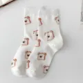 Women's cute cartoon bear cotton mid-tube socks, white cozy casual daily warm hosiery. - One Size / White - Toast