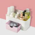 Plastic desktop makeup organizer with drawer, multi-grid cosmetic storage box for vanity. - Girly Pink