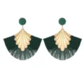 Boucles d'oreilles tassel éventail vert foncé, bijoux rétro en alliage pour femmes. - Vert Foncé