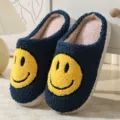 Comfortable winter cozy fluffy slippers with cute yellow smiley face for indoor home wear. - Navy Blue