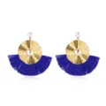 Boucles d'oreilles pendantes bleues à franges, disque doré et perle, bijoux fantaisie rétro. - Bleu Saphir