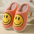 Orange plush slippers with cute yellow smiley face, soft fuzzy home indoor cotton shoes. - Orange Surface