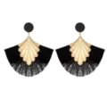 Boucles d'oreilles pendantes à franges en éventail vintage, style élégant et audacieux. - Noir