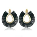 Boucles d'oreilles pendantes éventail pompon noir alliage or bijoux bohème femme - Noir