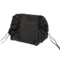Black lazy drawstring cosmetic bag, portable travel makeup storage pouch for daily use. - Rose Print