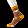 Brown Christmas cartoon cotton socks with yellow cuffs, cute holiday mid-tube cozy socks. - One Size / B-4