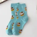 Cute light blue mid-calf socks featuring charming cat cupcake patterns for daily stylish wear. - One Size / Lake Blue - Cupcake