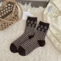 Retro floral knit socks for women, cozy winter brown plaid mid-calf thermal hosiery style. - One Size / Lattice Floral