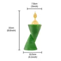 Close-up detail of the green double-cone resin incense burner with gold lid and dimensions. - Sequin Double Cone Temple Top - Green