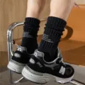 Japanese workwear style black towel bottom sports socks, American chunky stacked crew socks. - One Size / Black