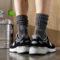 Coarse needle printed crew socks, Japanese workwear style towel bottom cityboy stacked socks. - One Size / Gray