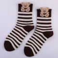 Cute brown and white striped crew socks for women featuring 3D plush teddy bear design. - One Size / Horizontal Striped Bear