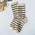 Striped crew socks in beige and brown, classic casual cotton socks for women and daily wear. - One Size / Beige