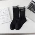 Autumn winter black grey contrast layered mid tube socks fashion letter knit casual socks - One Size / Black