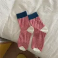 Women casual color-blocked striped mid-tube socks, red white stripes with blue cuff. - One Size / White Toe