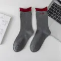 Grey mid-calf socks with red double layer ruffled cuff and miu embroidery variant. - One Size / Gray