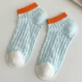 Women summer breathable mesh short socks, orange cuff light blue colorblock ankle socks. - One Size / Blue