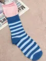 Trendy colorblock striped mid-tube socks with double cuff slouch design for daily wear. - One Size / Pink Cuff