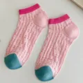 Women's summer mesh contrast short socks sweet hollow out breathable pink ankle socks - One Size / Pink