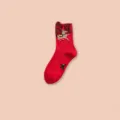 Red mid-calf cotton socks with cute horse graphic and fuzzy cuff, perfect for festive wear. - Get Rich