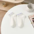 White short socks for women, comfortable breathable cotton ankle socks with purple trim. - One Size / Blue Edge