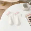 White women short socks with pink trim, breathable cotton ankle socks for spring and autumn. - One Size / Pink Edge