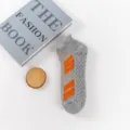 Men's grey short athletic loop socks with orange stripes, cushioned running socks. - Gray